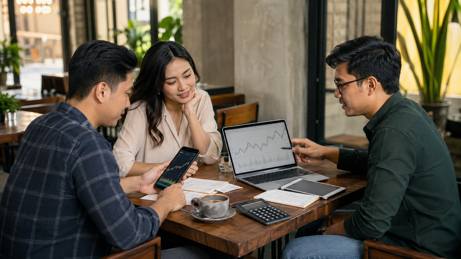 Diskusi keuangan di kafe modern
